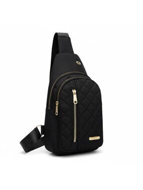 Quilted Black Nylon Sling Backpack With Gold Zippers & Adjustable Strap Lightwei